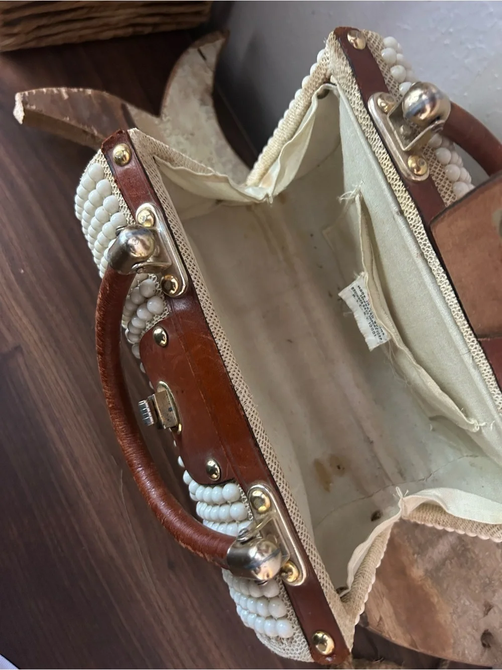 Vintage Beaded Pearl Cylinder Handbag with Brown Leather Handle: 1960s - Picture 11 of 11